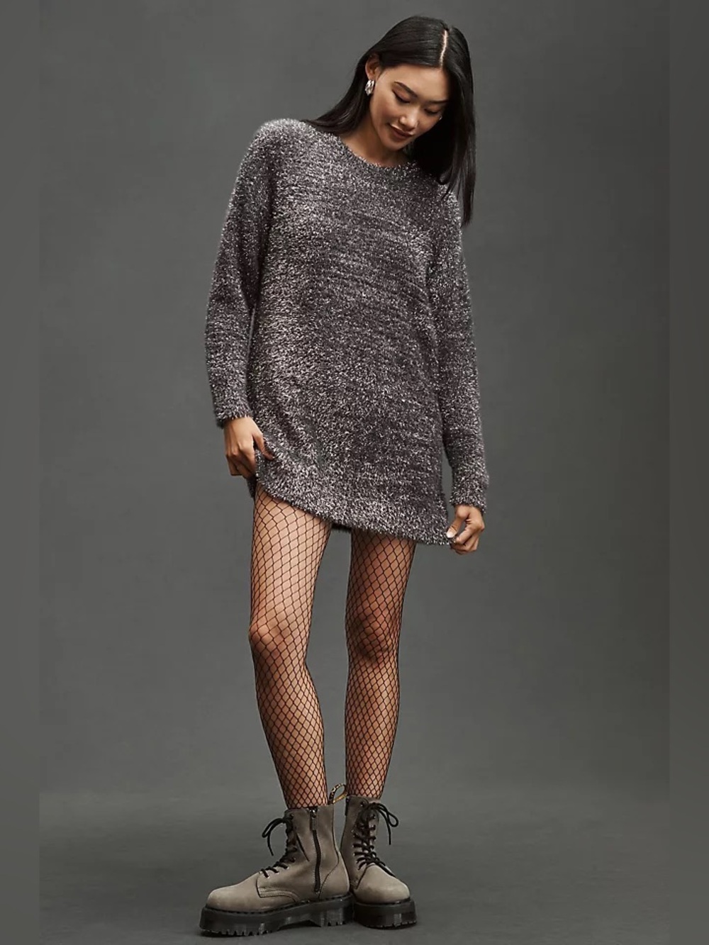 Anthropologie Eyelash Knit Metallic Silver Sweater Dress XL Like New